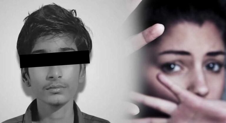Side-by-side image showing the accused with eyes covered and a symbolic representation of violence against women.