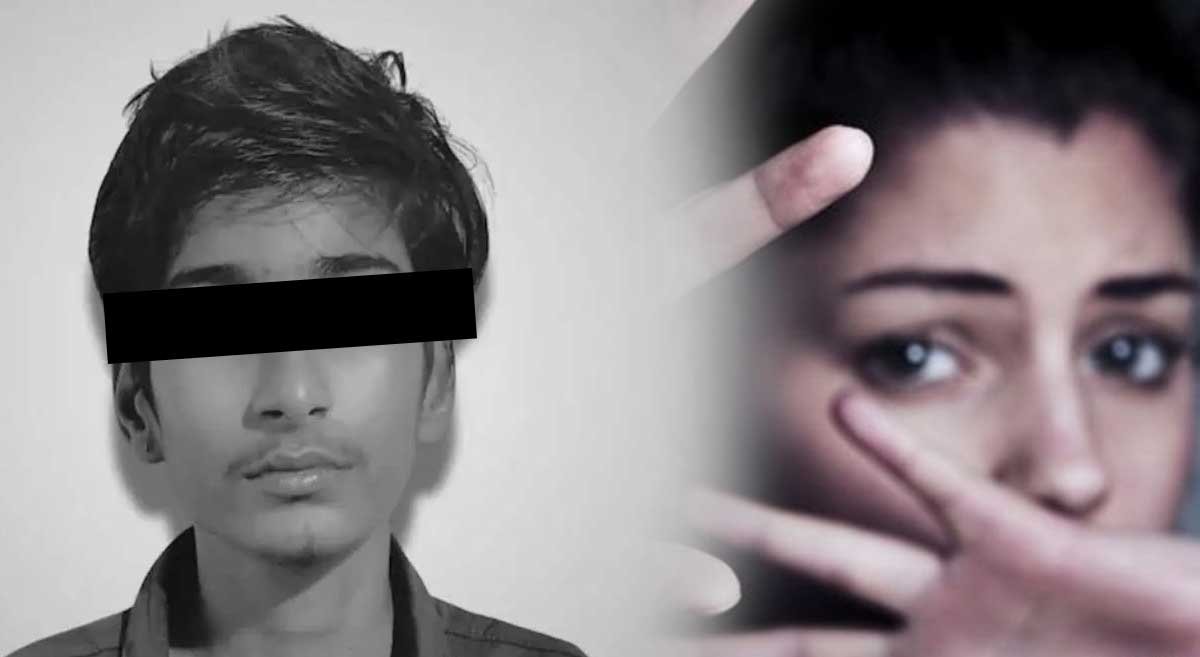 Side-by-side image showing the accused with eyes covered and a symbolic representation of violence against women.