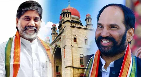 Portraits of Bhatti Vikramarka, Uttam Kumar Reddy, and Telangana High Court building representing a court verdict.