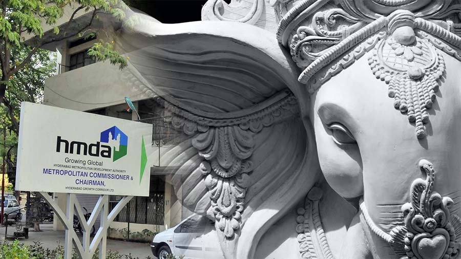 Representational image combining eco-friendly clay Ganesh idol and HMDA logo