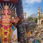 Vehicles transporting Ganesh idols during immersion procession in Hyderabad