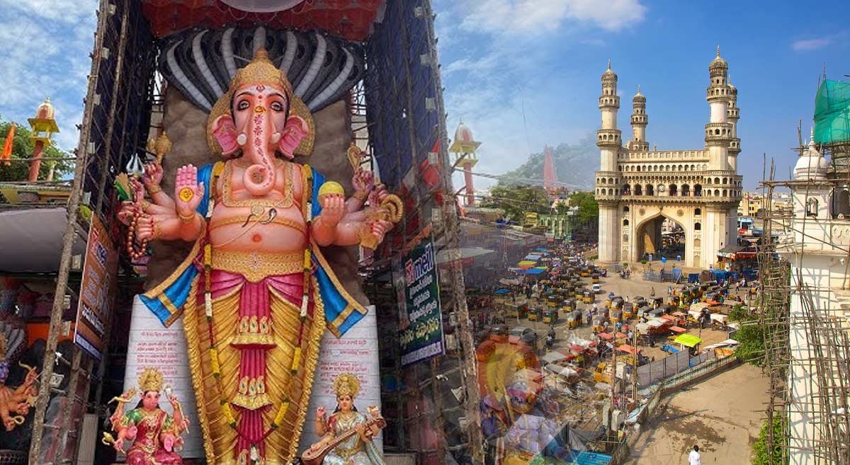 Vehicles transporting Ganesh idols during immersion procession in Hyderabad