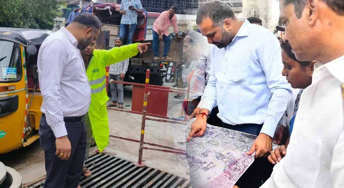Combined image showing GHMC and HYDRAA officials inspecting flood canals in Ameerpet and Maitrivanam