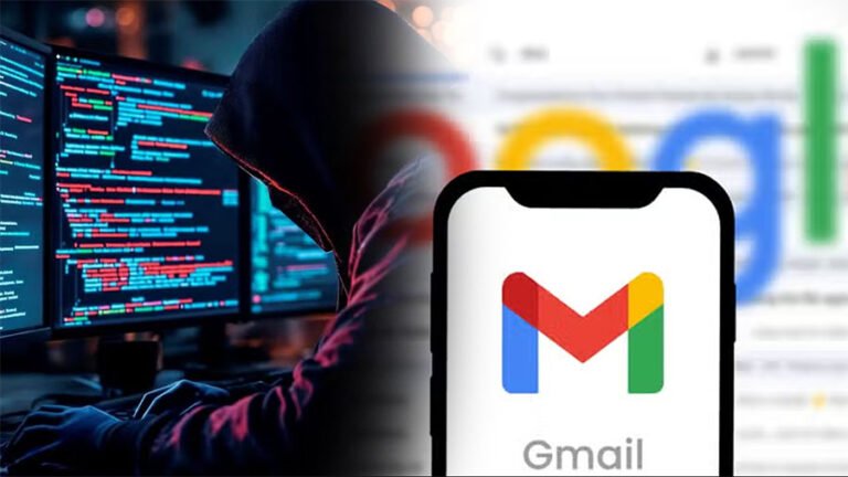 Illustration of a hacker targeting Gmail accounts with a warning sign