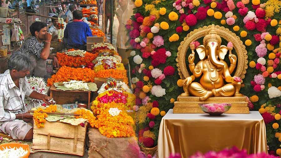 Flowers and vendors at Gudimalkapur flower market during festive season