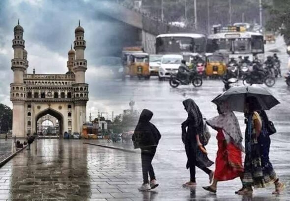 Waterlogged Hyderabad roads with vehicles and people during heavy monsoon rain in August 2025.