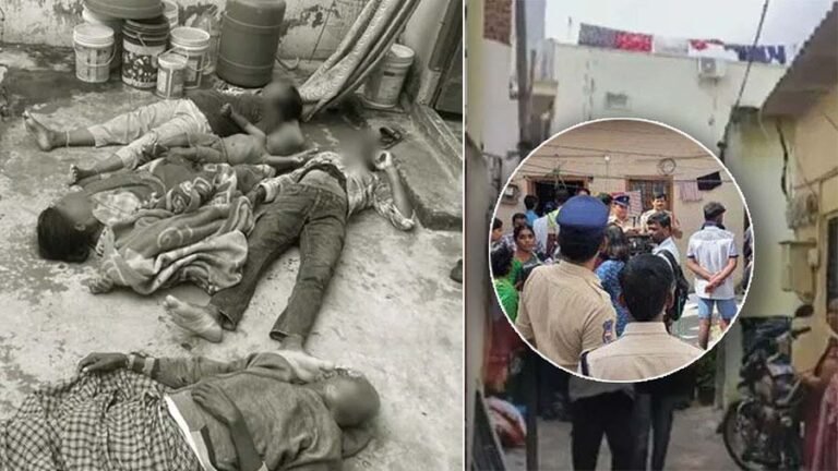 Scene from Hyderabad Miyapur area highlighting police activity following the suspicious deaths of a family.