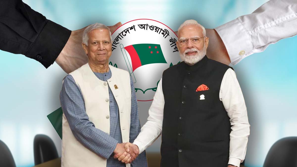 Diplomatic meeting graphics symbolizing disagreement between India and Bangladesh over Awami League activities claims.