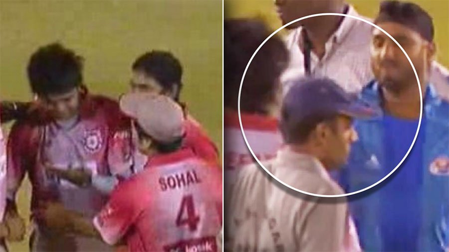 Harbhajan Singh and S Sreesanth during an IPL match, representing the 2008 'Slapgate' controversy