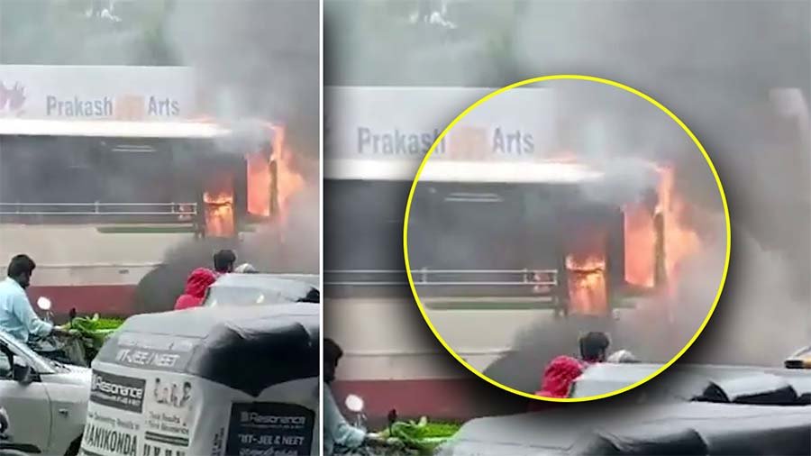Fire breaking out in a bus at Mehdipatnam
