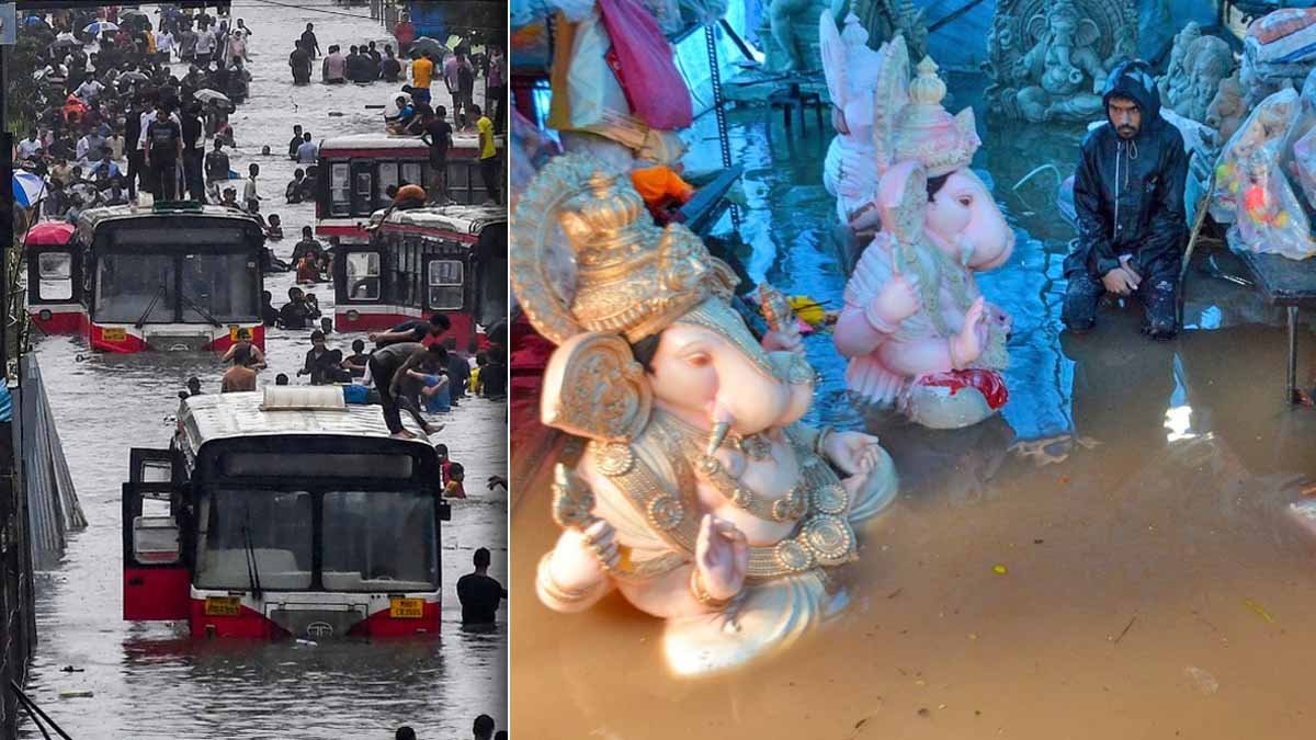 Trains halted and streets underwater in Mumbai due to heavy monsoon rains and flooding.