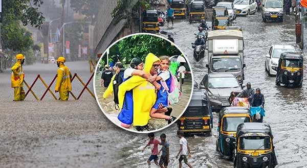 Flooded Mumbai streets and railway lines following heavy monsoon rain and BMC holiday declaration.