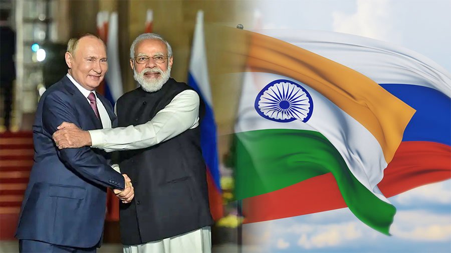 Vladimir Putin and Narendra Modi meeting and shaking hands at a diplomatic summit