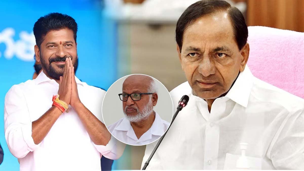 Combined photo of Revanth Reddy, KCR, and Justice Sudarshan Reddy representing political negotiations.