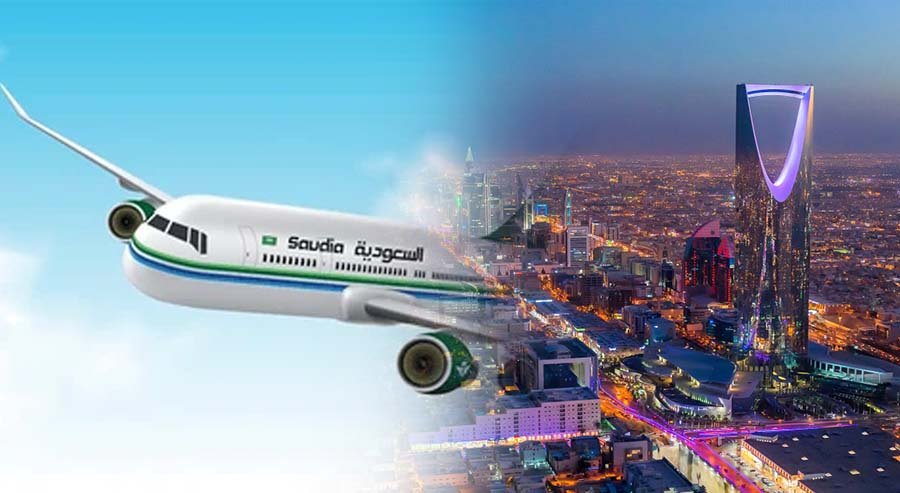 Advertisement for Saudia’s flight discount and stopover visa benefits on international routes