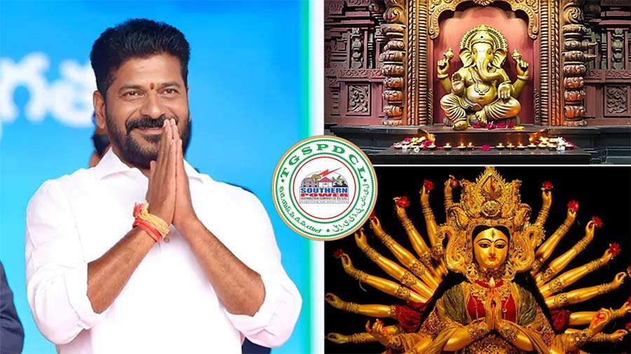 Ganesh and Durga pandals illuminated during Navaratri festivals in Telangana