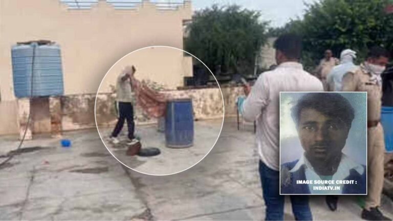 Police officers working at the scene in Tijara where a blue drum containing a body was found.
