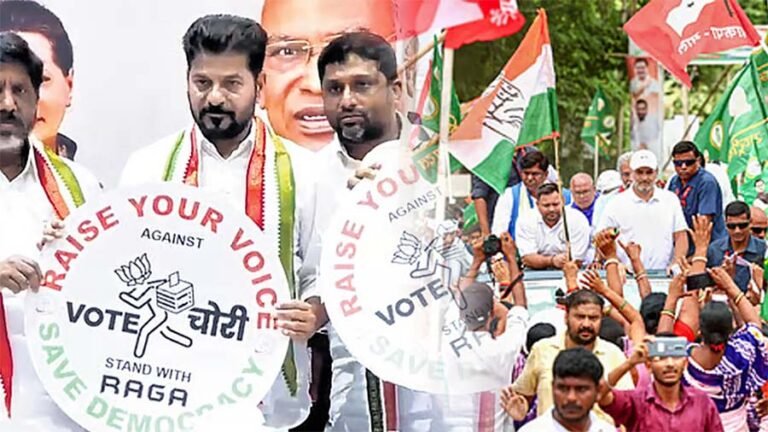 Telangana CM A Revanth Reddy and Rahul Gandhi during Vote Adhikar Yatra