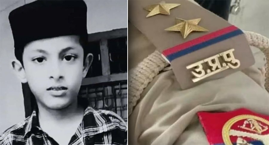 Portrait of Shazeb Ali, the seven-year-old boy from Azamgarh, alongside UP Police representation image.