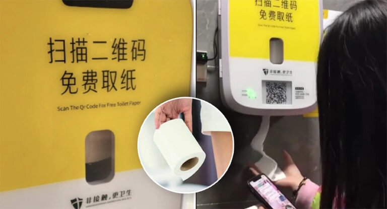 Ad-based toilet paper dispenser in a public restroom in China