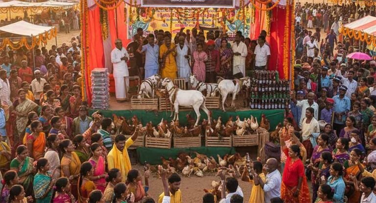 AI-generated image representing Dasara lucky draw with goats, beer cartons, and festive prizes in Jagtial
