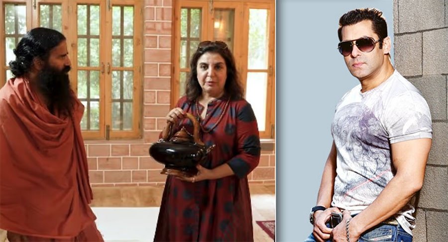 Farah Khan sharing a laugh with Baba Ramdev at his Haridwar ashram