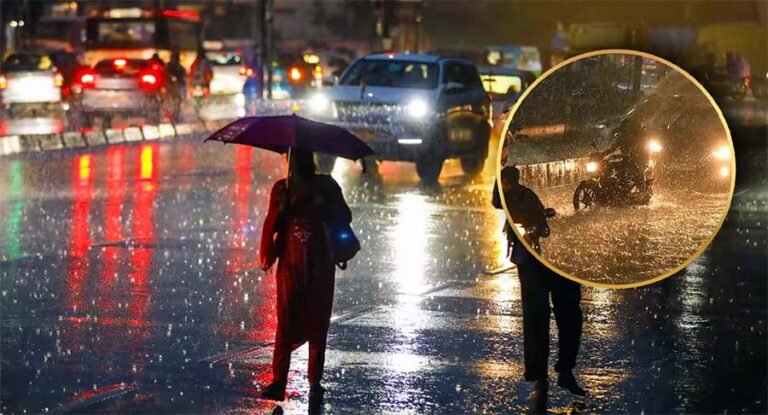 Motorcyclist navigating through a flooded, pothole-filled city road during monsoon