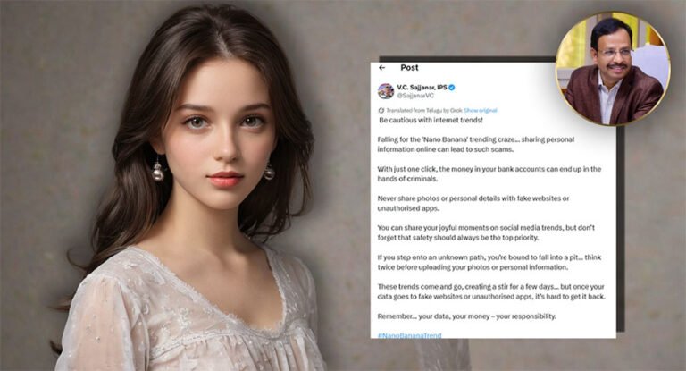 Screenshot of warning tweet by IPS officer VC Sajjanar about Google Gemini Nano Banana AI scam