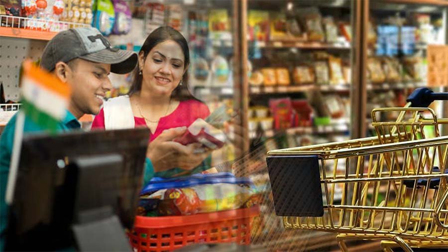 Market graph showing FMCG stocks rising alongside GST Council meeting imagery