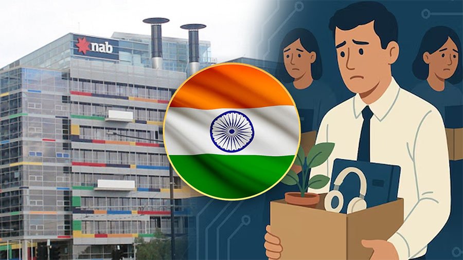 National Australia Bank building with silhouettes representing job cuts and global outsourcing