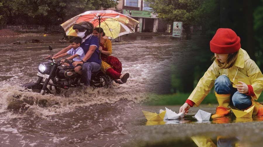 Children playing in the rain with umbrellas, representing rainy season health tips.