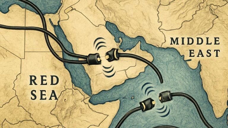 Global internet undersea cables in Red Sea region showing cut and disruption areas