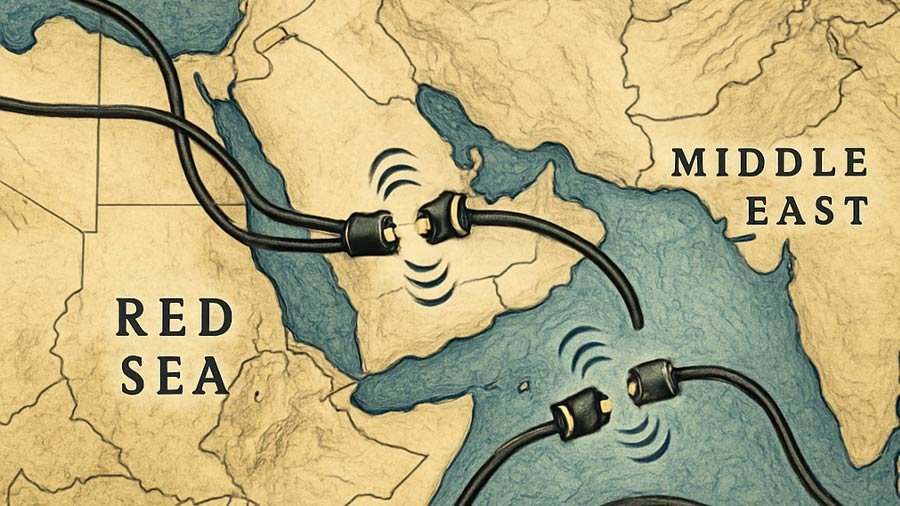Global internet undersea cables in Red Sea region showing cut and disruption areas