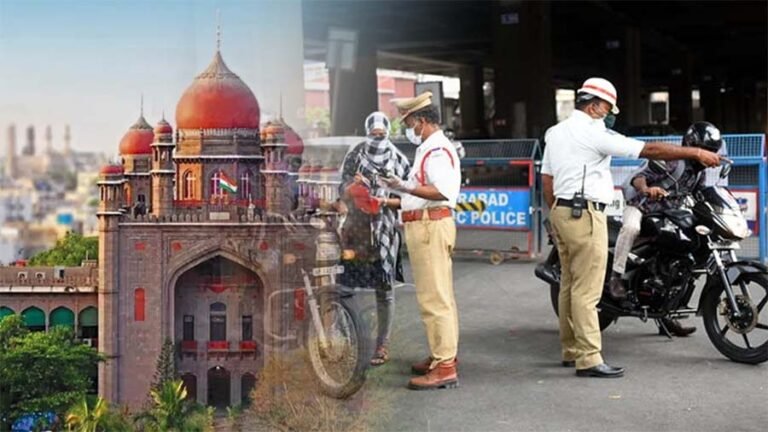 Composite representation image showing Telangana High Court building and generic traffic police issuing challan