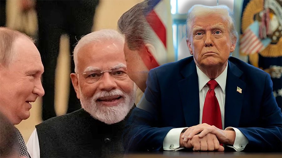 Donald Trump and Narendra Modi with flags in background, symbolizing India-US diplomacy