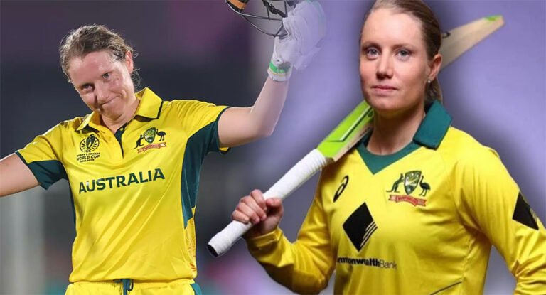 Alyssa Healy celebrates her match-winning century against India in the ICC Women’s World Cup.