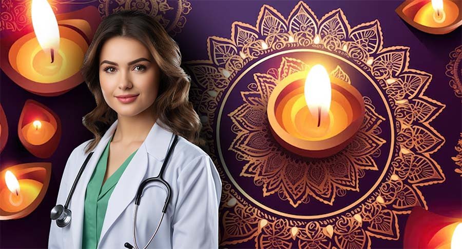 Family celebrating Diwali with diyas while wearing masks to protect from air pollution