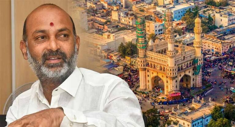 Union Minister Bandi Sanjay addressing a press conference in Hyderabad regarding alleged exploitation cases in Old City