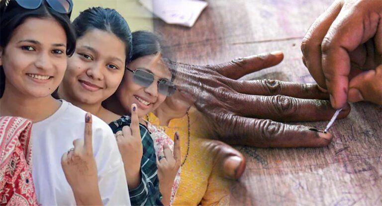 Voters in Bihar queue up outside a polling station during record-breaking turnout in 2025 Assembly elections.