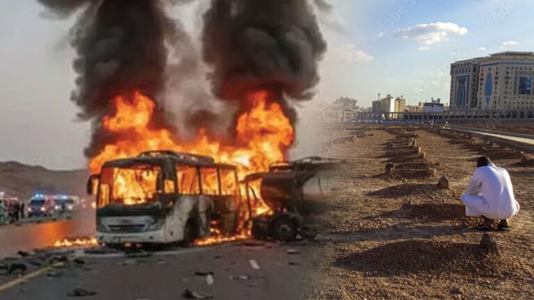 Family members and officials in Madinah preparing for the burial of 45 Hyderabad Umrah pilgrims after the tragic bus accident.