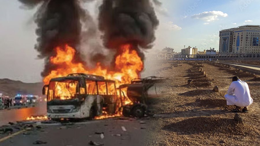Family members and officials in Madinah preparing for the burial of 45 Hyderabad Umrah pilgrims after the tragic bus accident.