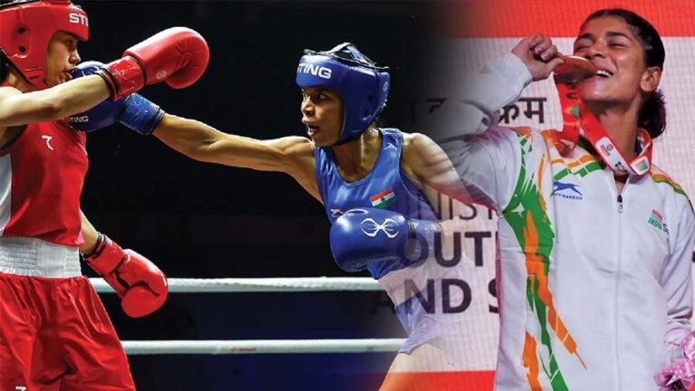Nikhat Zareen in action during the 2025 World Boxing Cup Finals, delivering winning punches in the women’s 51kg gold medal bout.