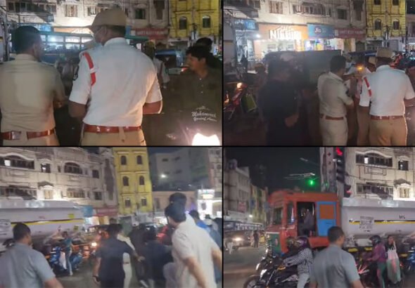 Hyderabad South Zone police checking vehicles at Shah Ali Banda junction