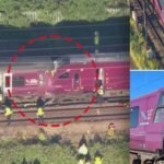 Emergency services at the scene after two passenger trains collided near Bedford, England.