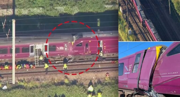 Emergency services at the scene after two passenger trains collided near Bedford, England.
