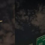 A mysterious object with bright lights seen hovering over Tehran at night.