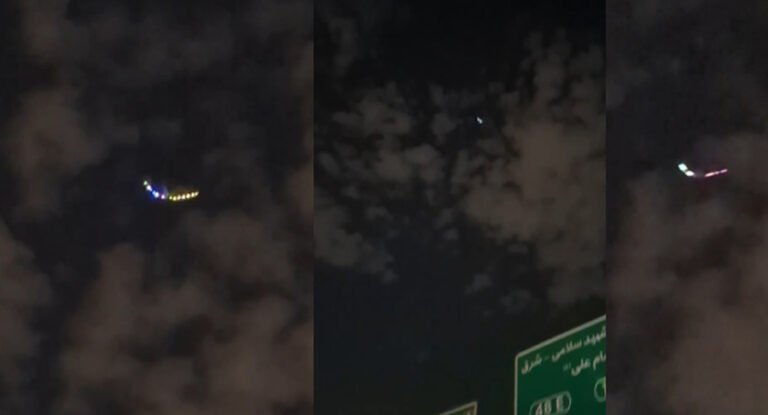 A mysterious object with bright lights seen hovering over Tehran at night.
