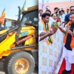 Bulldozers shower flowers on BJP national president Nitin Nabin during his Meerut visit