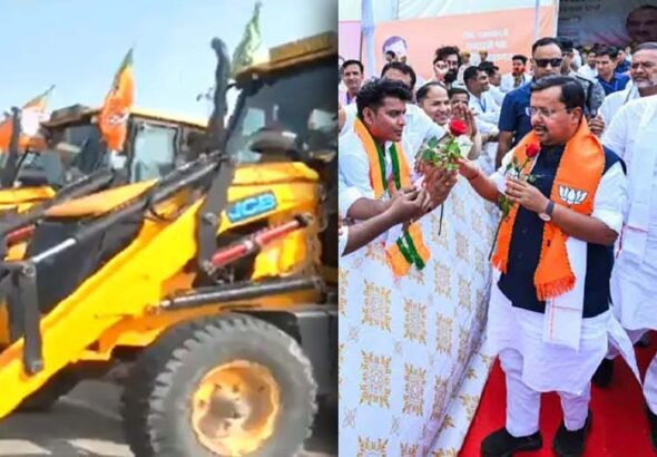 Bulldozers shower flowers on BJP national president Nitin Nabin during his Meerut visit