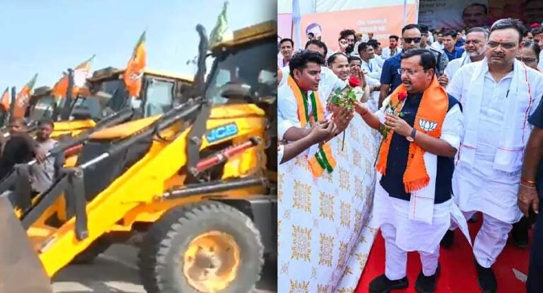 Bulldozers shower flowers on BJP national president Nitin Nabin during his Meerut visit